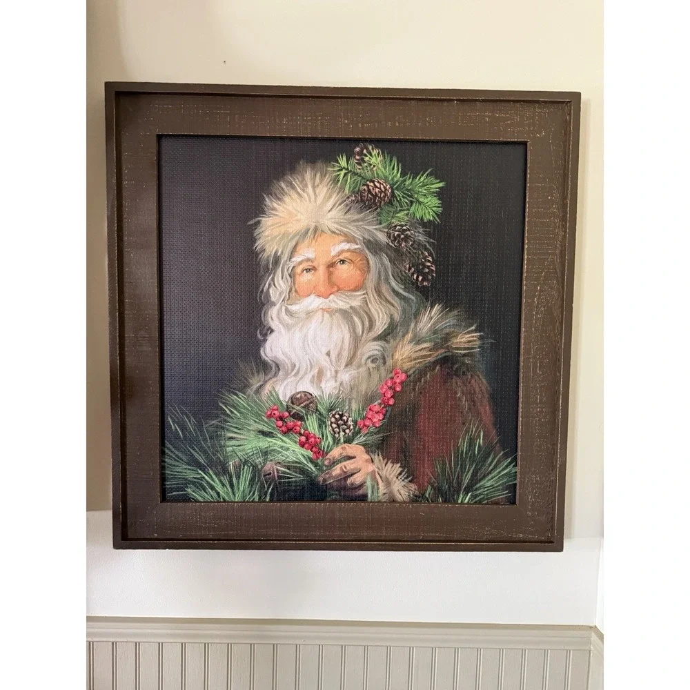 Primitive Woodland Santa 30x30 Christmas Wall Art Wood Frame Show Stopper!